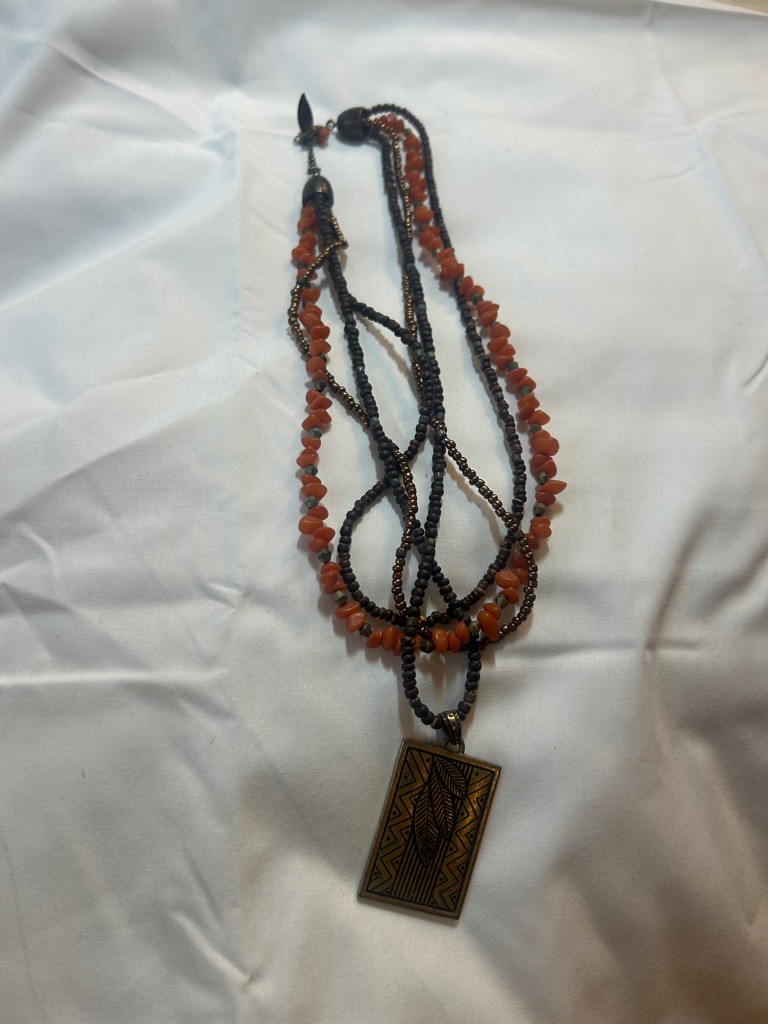 Coldwater Creek Orange And Black Multi-Strand Beaded Necklace With Brass Pendant 15$